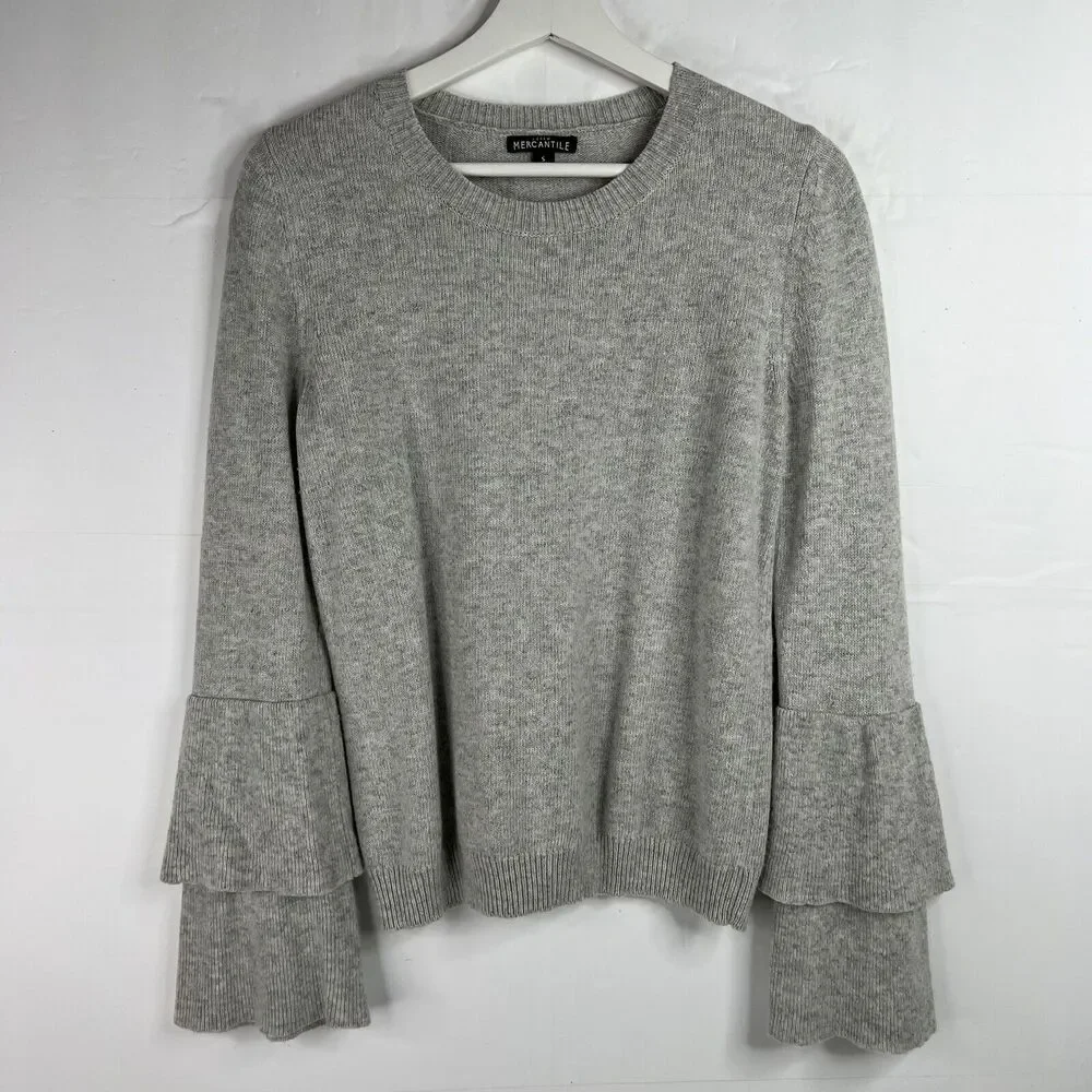 J Crew Mercantile Size S Sweater Gray Ruffle Tiered Bell Sleeve Wool Blend J7850